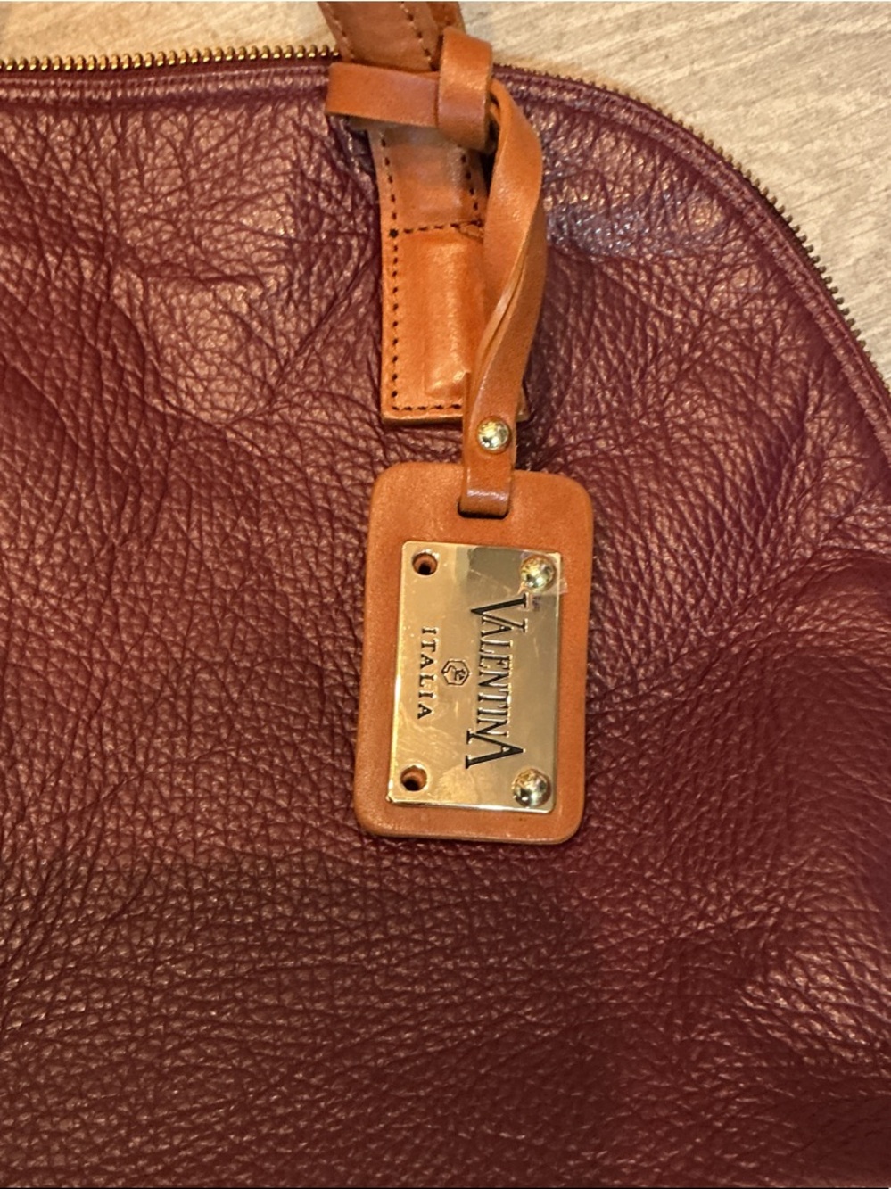 Valentina Burgundy Leather Dome Satchel with Tan Handles Made in Italy - Picture 2 of 7